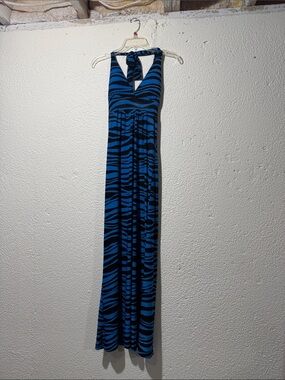 Blue and Black Zebra Print Halter Maxi Dress. DR